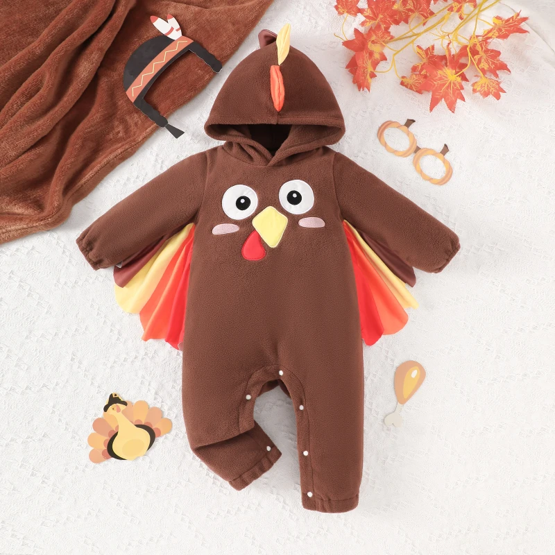 

Thanksgiving Children Clothing Baby Turkey Fleece Long Sleeved Hooded Jumpsuit Newborn Baby Cloth Baby Romper Ropa De Bebe Niño