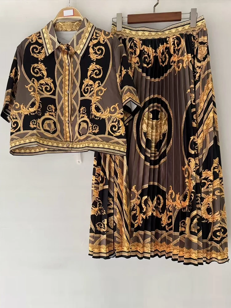 

Retro summer new lapel single-breasted short-sleeved printed shirt with high waist and big skirt fashion women's two-piece suit