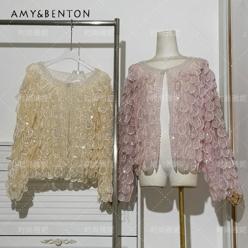 

Trendy Lace Long Sleeves Short Jacket New American Style Mesh Fabric Sequins Pearls Beads Chic Coat Outerwear Daily Wear & Party