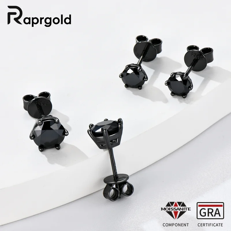 

RAPRGOLD GRA Certified Round Moissanite Stud Earring for Women Real 925 Sterling Silver Black Plating Earrings Fine Jewelry Gift