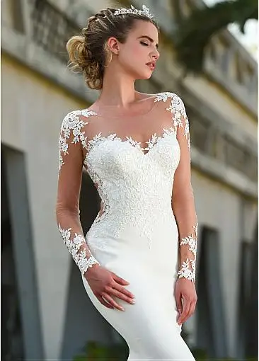 Fantastic O-Neck Mermaid Wedding Dresses Custom Made Sexy See Through Long Sleeve Illusion Back Bridal Gowns Floor Length