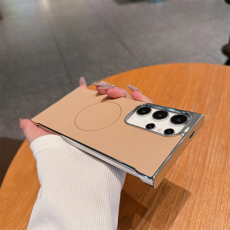 Para Samsung Galaxy S24 S25 Ultra Plus revestimiento de lujo sin marco magnético para Magsafe funda de teléfono dura de cuero de PC cubierta a prueba de golpes