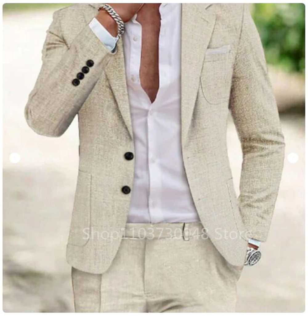 Light Blue/Beige Linen Summer Men Suits Notch Lapel Slim Fit Two Buttons Blazer Pants Groom Tuxedos Wedding Prom 2 Piece Sets