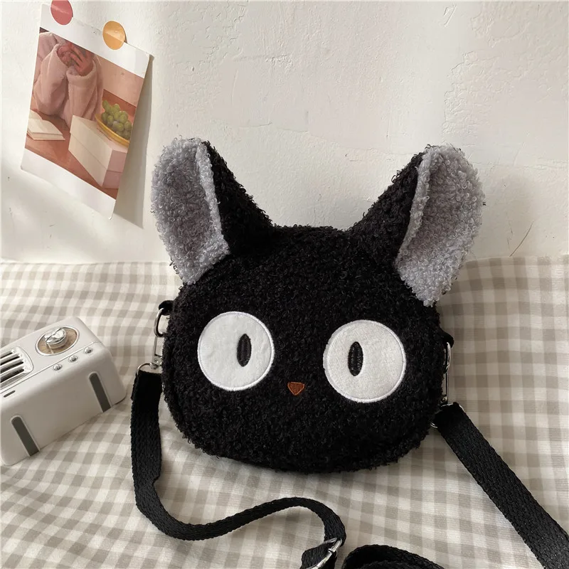 Sac en peluche chat noir Corgi pour enfants, animaux de dessin animé Kawaii, sac à bandoulière initié au style japonais, petit sac à main pour téléphone, cadeau pour filles