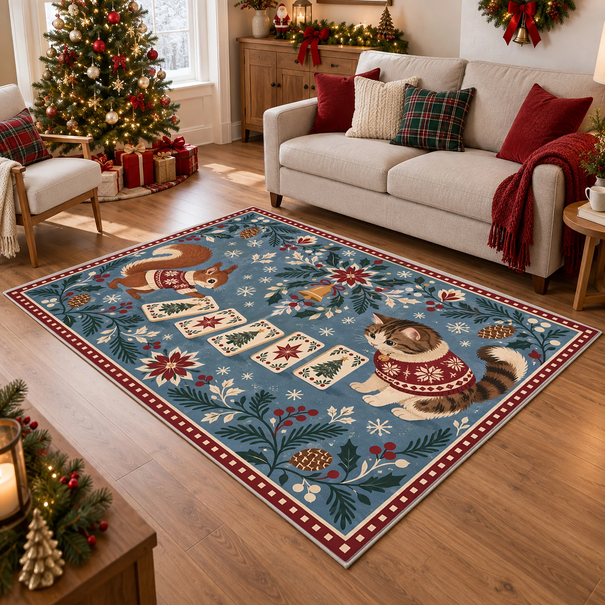 1pc Christmas Cat Squirrel Playing Cards Area Rug, 2D Flat Print, Indoor Floor Mat for Living Room, Xmas Home Decor