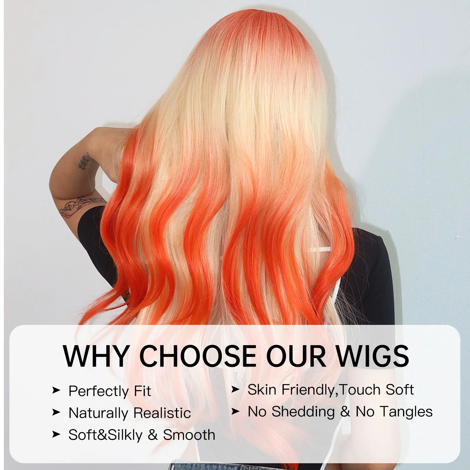 Orange Blonde Ombre Synthetic Wigs Long Wavy Colorful Wigs with Bangs for Women Body Wave Cosplay Wigs Halloween Heat Resistant