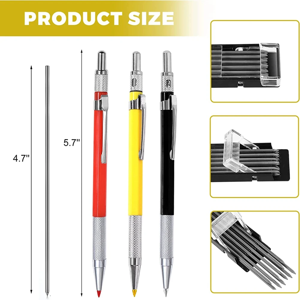 3Pcs Mechanical Carpenter Pencils Set with Built-In Sharpener for Steel,Pipe Fitter Welder,Construction Woodworker A