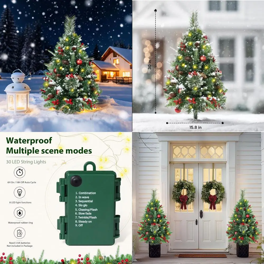 

Prelit 30-Inch Outdoor Christmas Tree with LED Lights, Battery-Powered, 6-Hour Timer, 8 Lighting Modes, Decorated with Pine Cone