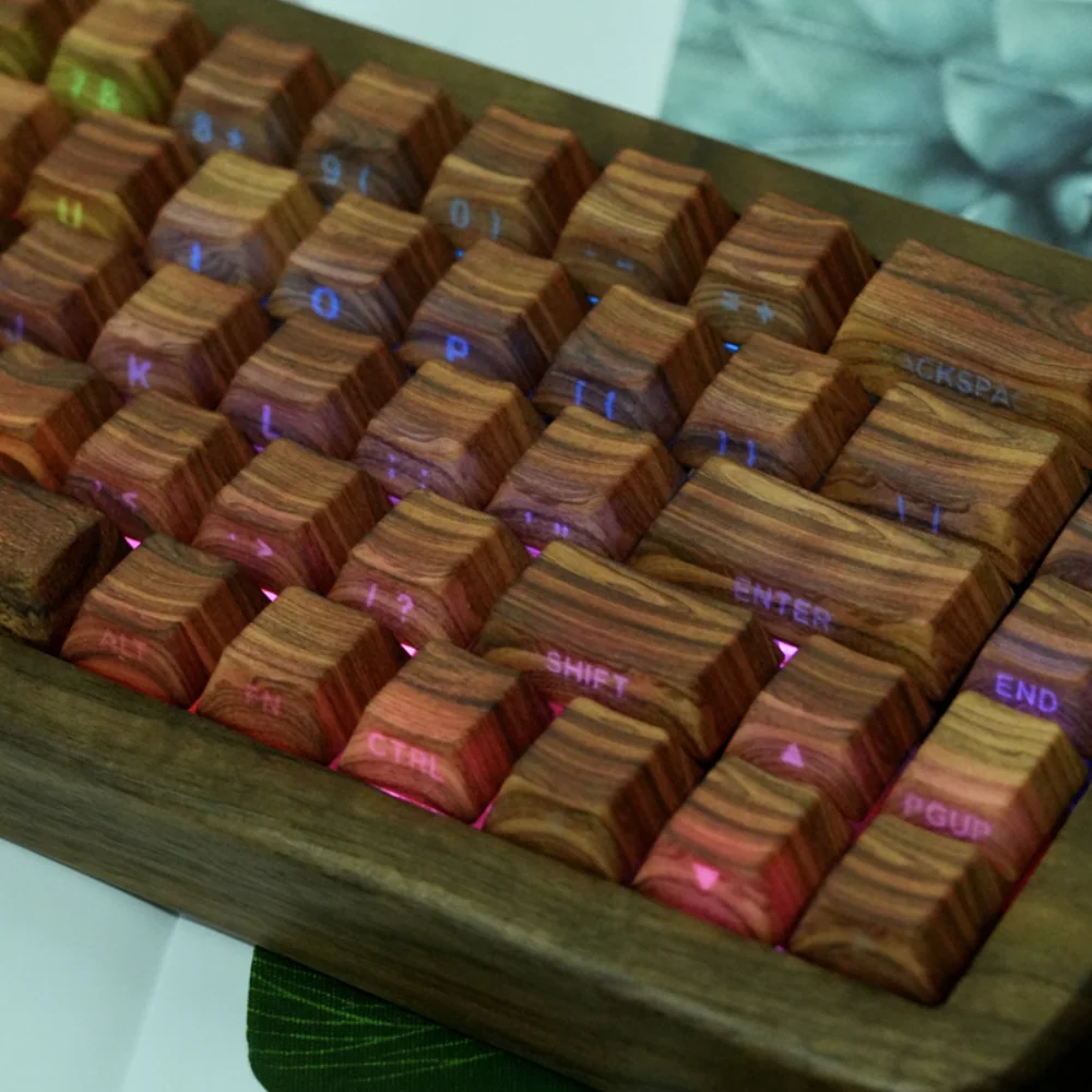 Wood Grain Keycap PBT 130 Key Side Engraved Translucent Keyboard Keychain Compatible with 60/64/84/98/108 Mechanical Keyboards