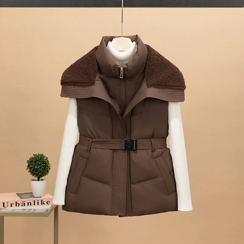 

2025 New Korean Loose Cotton Jacket Vest for Women Short Splicing Lamb Wool Lapel Sleeveless Warm Outwear Autumn Winter Belt Top