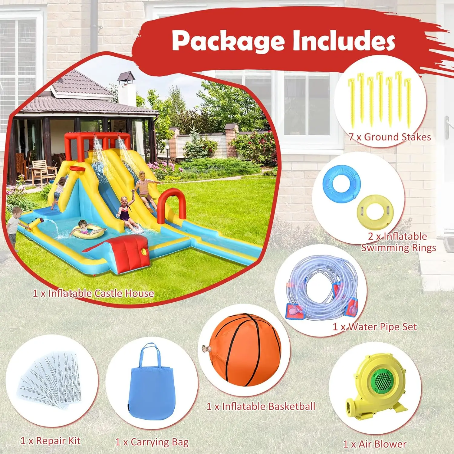 Nadmuchiwana zjeżdżalnia wodna z dmuchawą 950w, podwójna zjeżdżalnia wodna w parku Bounce House z wspinaczką, basen plusk, zjeżdżalnie wodne
