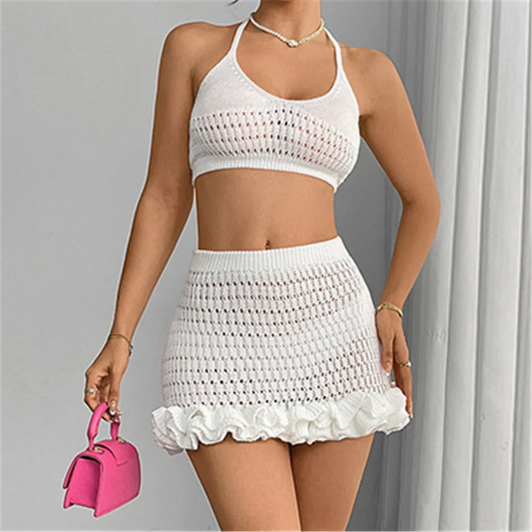 Neues, gerüschtes, halterloses, ausgeschnittenes, gehäkeltes, gestricktes 2-teiliges Set, Sommerkleid, Strandkleidung, Cover-up, zweiteiliges Set für Damen, V7169 – Detail 6