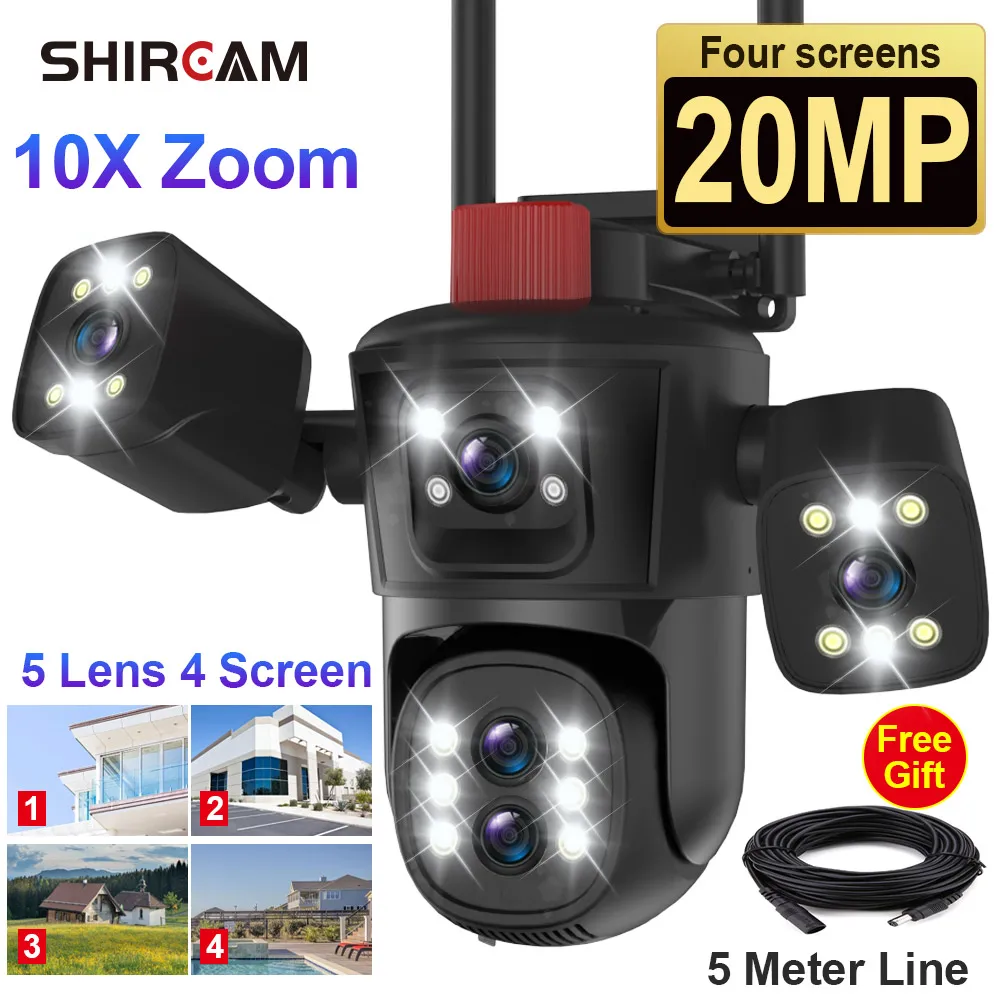 10K Four Screens WiFi PTZ Camera 20MP 10X Zoom Wireless Outdoor Five Lens Auto Tracking Humanoid Detection CCTV Security Cameras