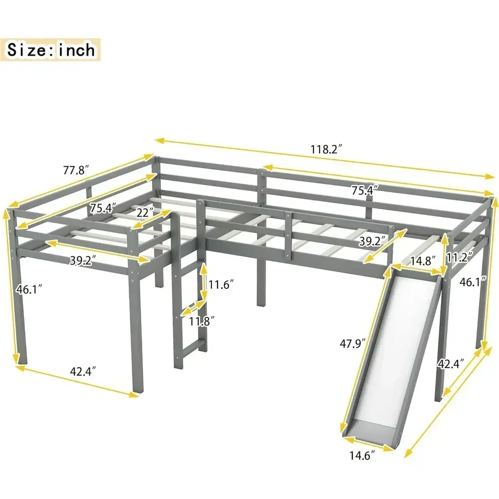 Gray Twin Size L-Shaped Bunk Bed with Slide and Built-in Ladders for Two Kids