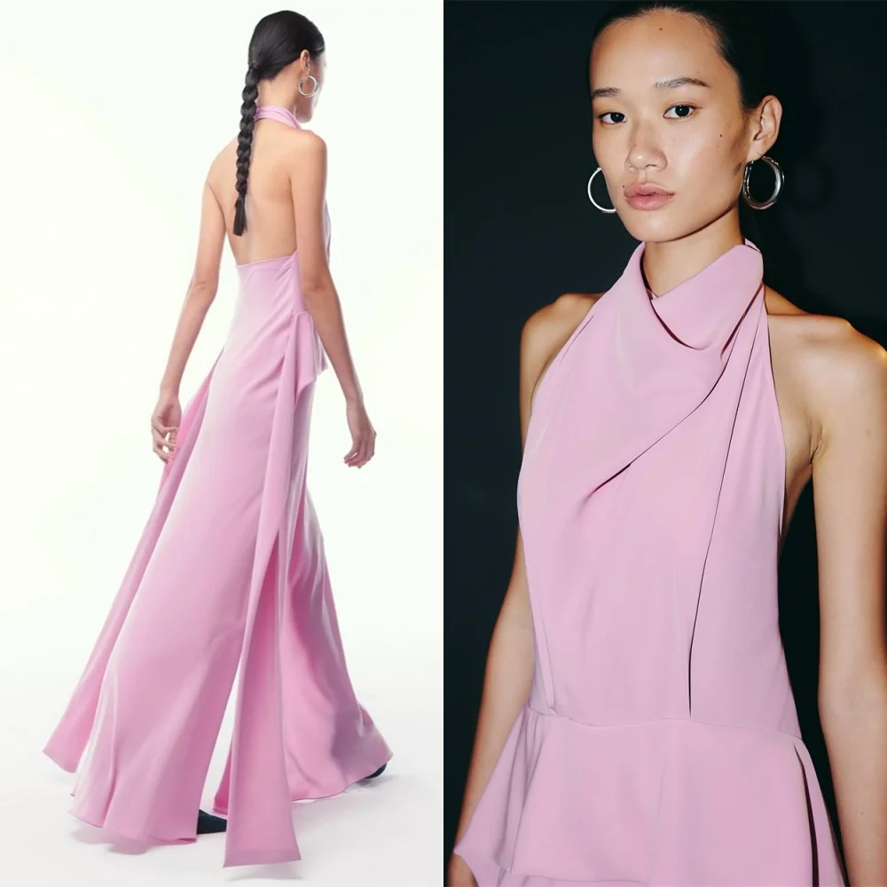 

Customized Simple Jersey Evening Dress Fashion Halter Sleeveless Celebrity Gowns Exquisite Sweep Train Special Occasion Gowns