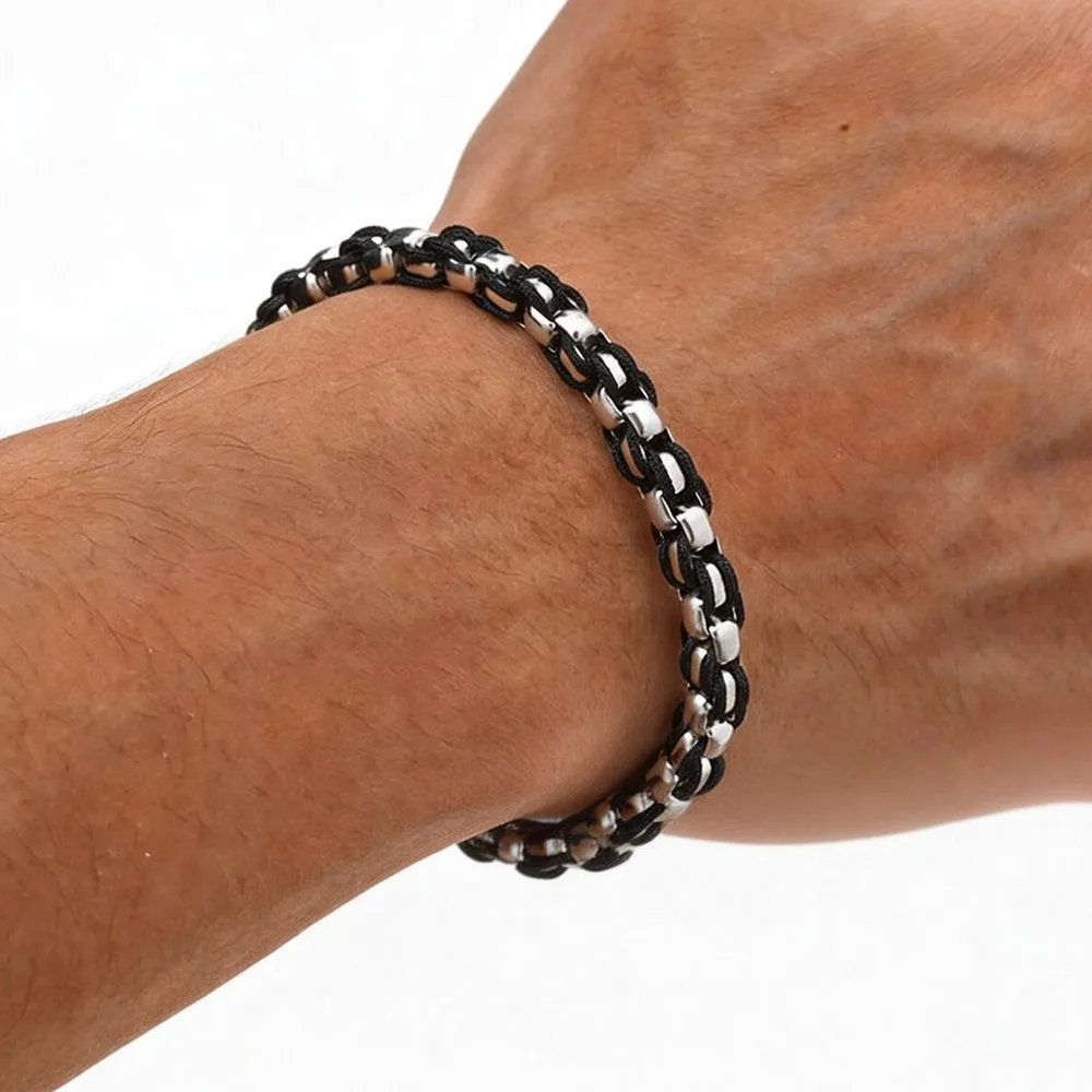 New Box Chain Bracelet for Men,Stainless Steel Black Nylon Rope Wrapped Chain Wristband,Hip Hop Punk Father's Day Gift