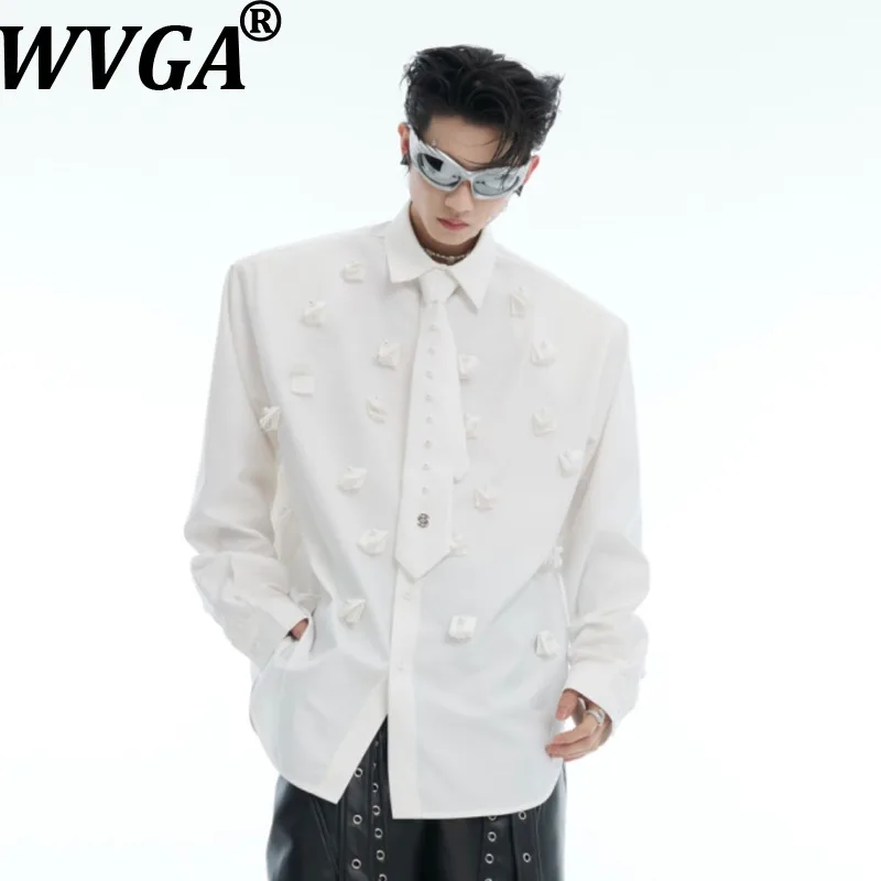 

WVGA Spring Autumn New Men Tide Pearl Embellished Padded Shoulder Long Sleeve Shirt Niche Y2K Casual Tie Spliced Tops Ins W17677
