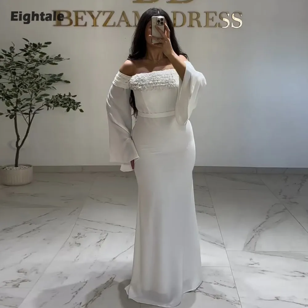 

Eightale Arabic Evening Dress Strapless Lace Long Sleeves Customized White Ivory Mermaid Wedding Party Dress Vestido De Noche
