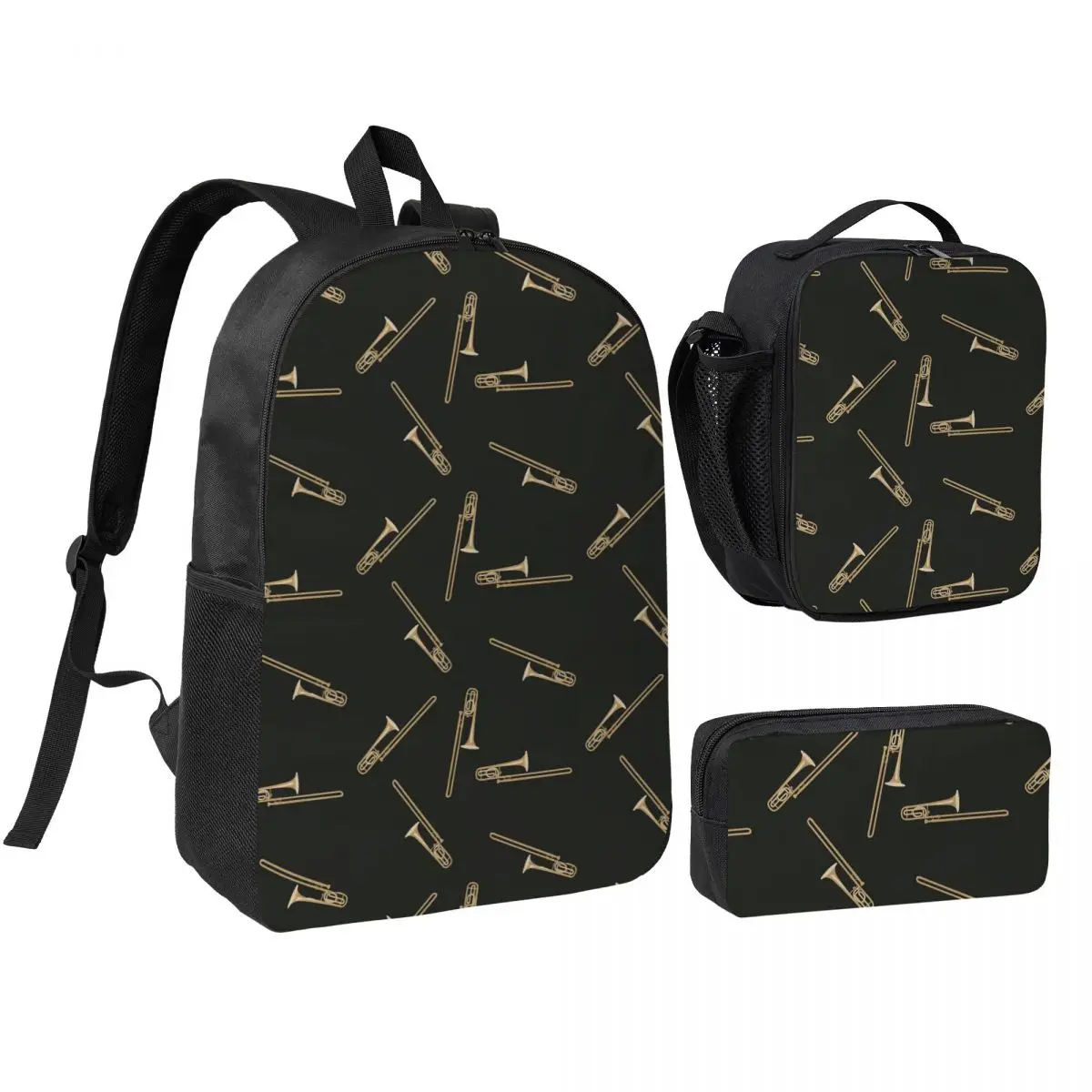 

Trombone On Black Backpack Boys Girls BookBag School Bag Shoulder Bags 3ps Insulated Lunch Bag Pencil Case