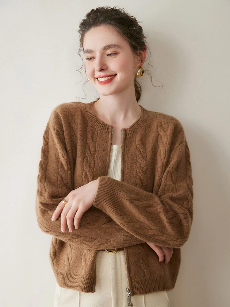 

Women O-neck Twist Flower Double Zippers Cardigan Sweater 100% Cashmere Knitwear Outerwear Autumn Winter Loose Thicken Clothing