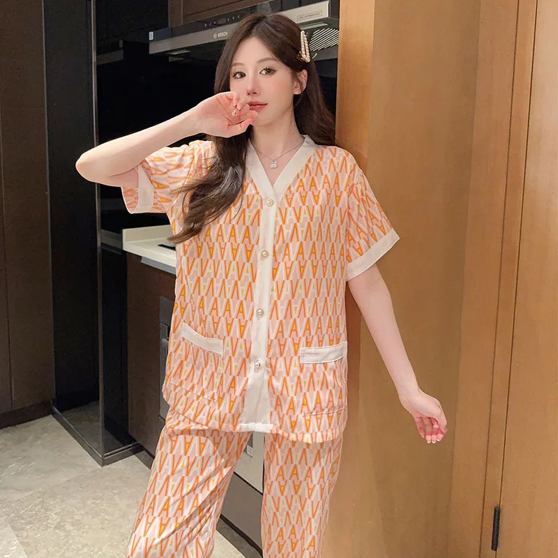 Summer 4XL Pajamas Set Female Spring and Summer Casual Gauze Home Clothe Cute Sweet Two Piece Set Sleepwear Korean Fashion Sets