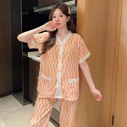 Summer 4XL Pajamas Set Female Spring and Summer Casual Gauze Home Clothe Cute Sweet Two Piece Set Sleepwear Korean Fashion Sets