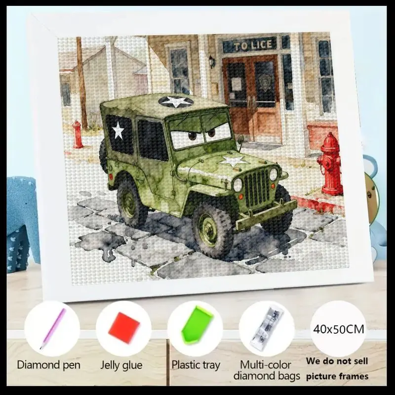 

1PC 5D Full Drill Diamond Painting Kit, DIY Cute Cartoon Green Military Jeep Car Character Crystal Rhinestone Embroidery Art Set