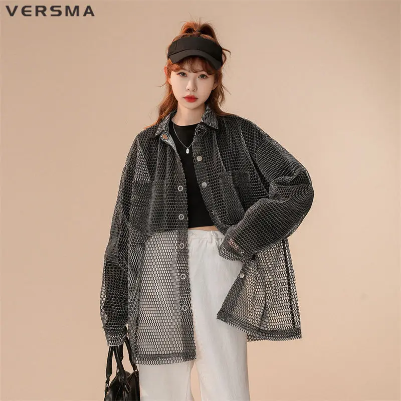 

VERSMA Korean Trendy Personalized Plaid Mesh Hollow Shirts Men Summer Sun Protection Clothing Oversized Shirt Women Dropshipping