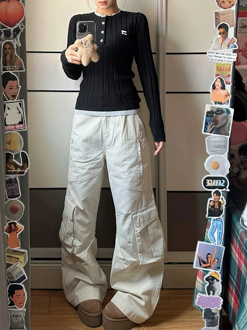 

Американские брюки в стиле High Street с множеством карманов, белые, рабочие, повседневные, летние, удлиненные, для мужчин и женщин