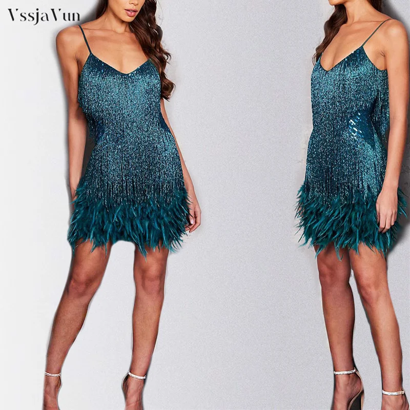 

Sequins Tassel Feather Spaghetti Strap Dress Women Fashion Sexy Stitching Mini Dress Evening Party Club Elegant Sexy Dress