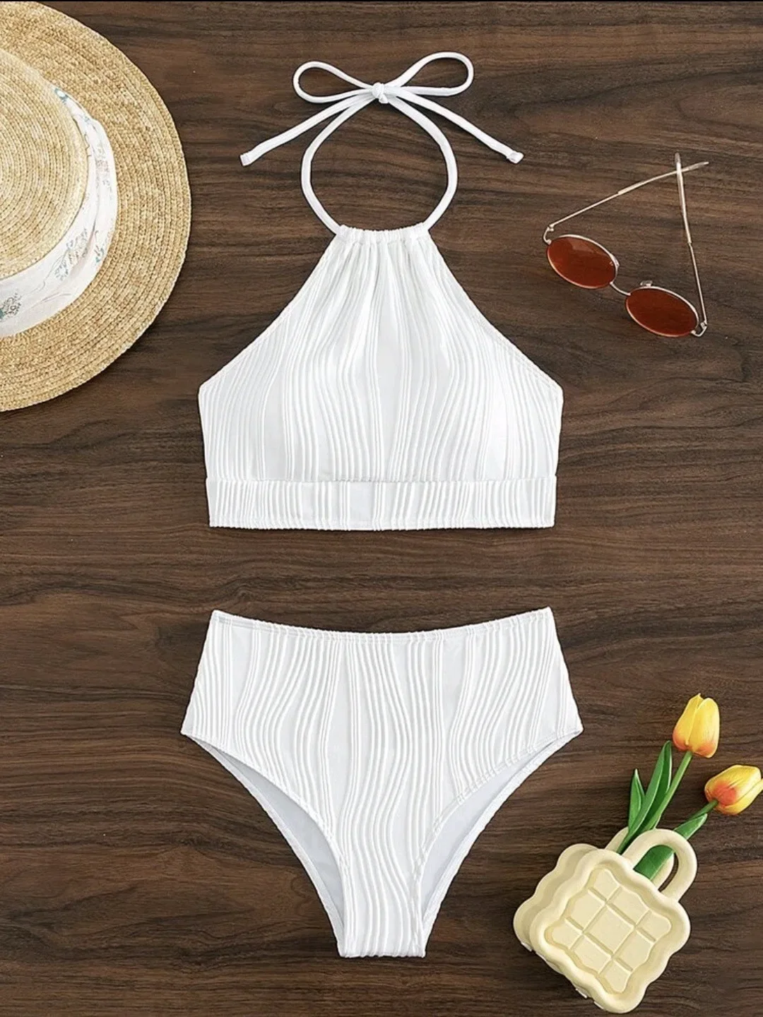 

2025 Sexy High Wasited Swimsuit Women Solid White Bikini High Neck Swimwear Female Bathers Bathing Swimming Swim Suit Beachwear