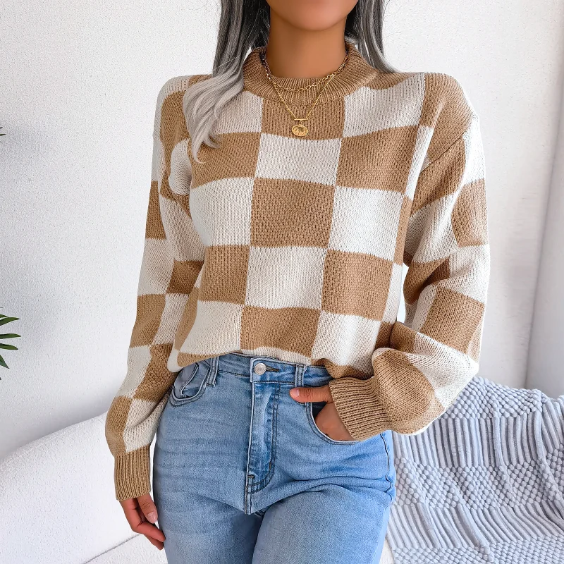 

Women's Plaid Knitted Sweater Pullovers for Fall and Winter Checked O-neck Long Sleeve Casual Loose Pullover Sweaters for Female