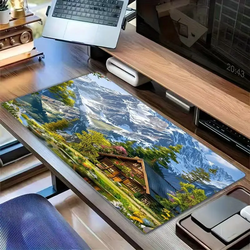 Dream Landscape Large Mouse Pad, Nature Theme, Snow-Capped Mountains, Green Trees And Cabins,  High-Quality Desktop Additions