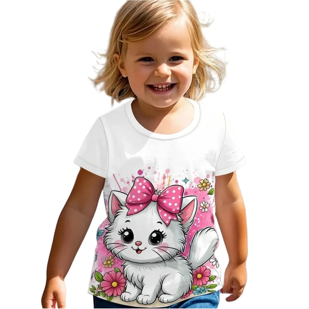 

Футболка для девочек с принтом кота, одежда для девочек от 5 до 6 лет, топы, одежда для девочек, футболка с короткими рукавами, модный детский топ, детская футболка