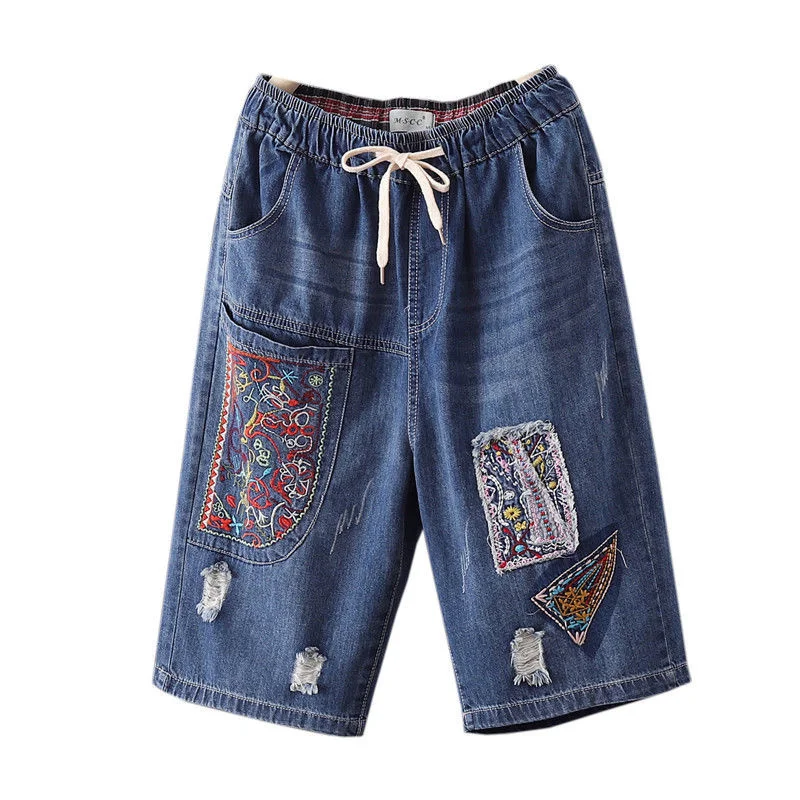 Summer Women Denim Shorts Vintage Embroidery Elastic High Waist Loose Knee Length Straight Jeans Pants 3XL