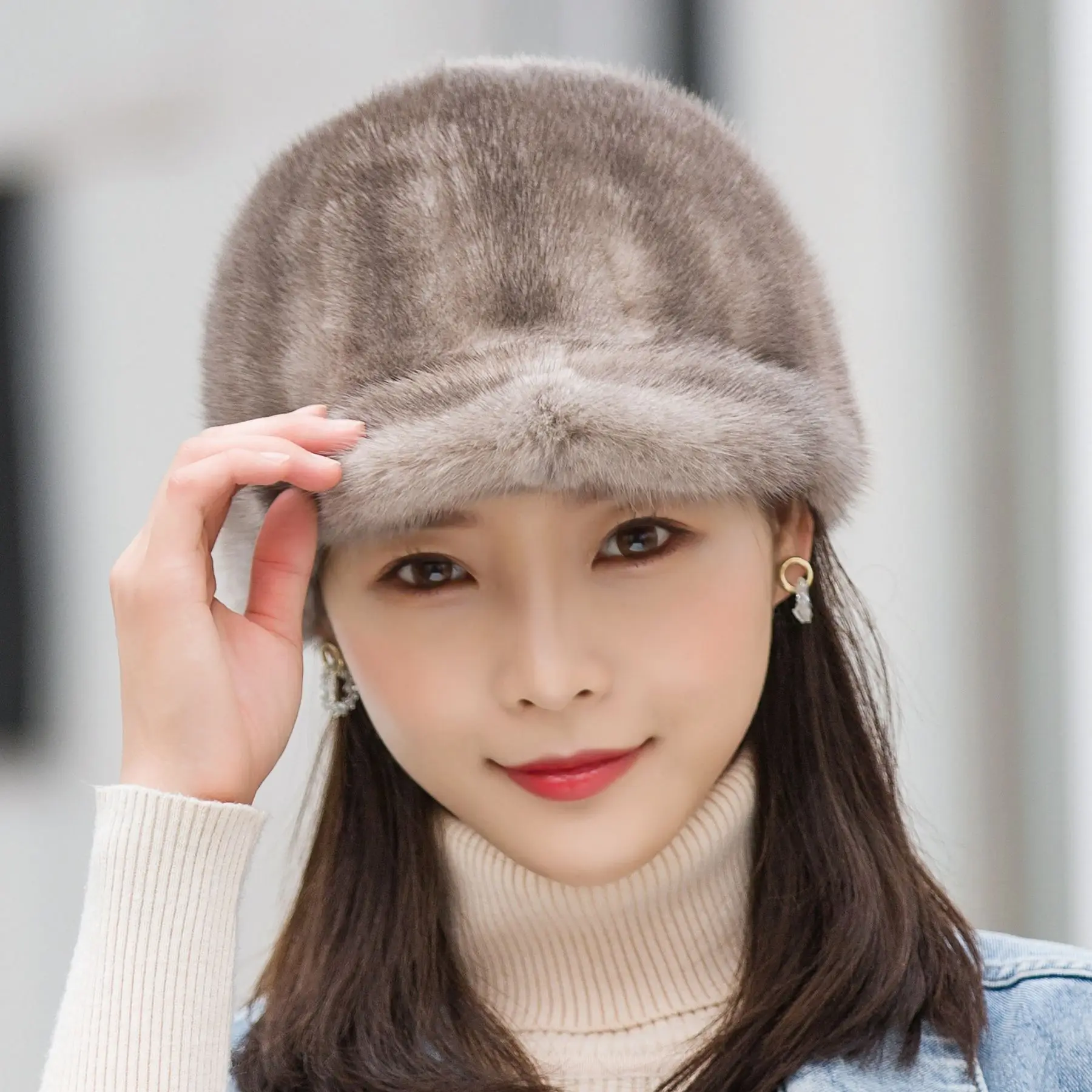 

Fashion Faux Fur Knitted Hat Cute Ball Cossack Skiing Furry Cap Winter Thicken Warm Knitted Cap Cold-proof E1642