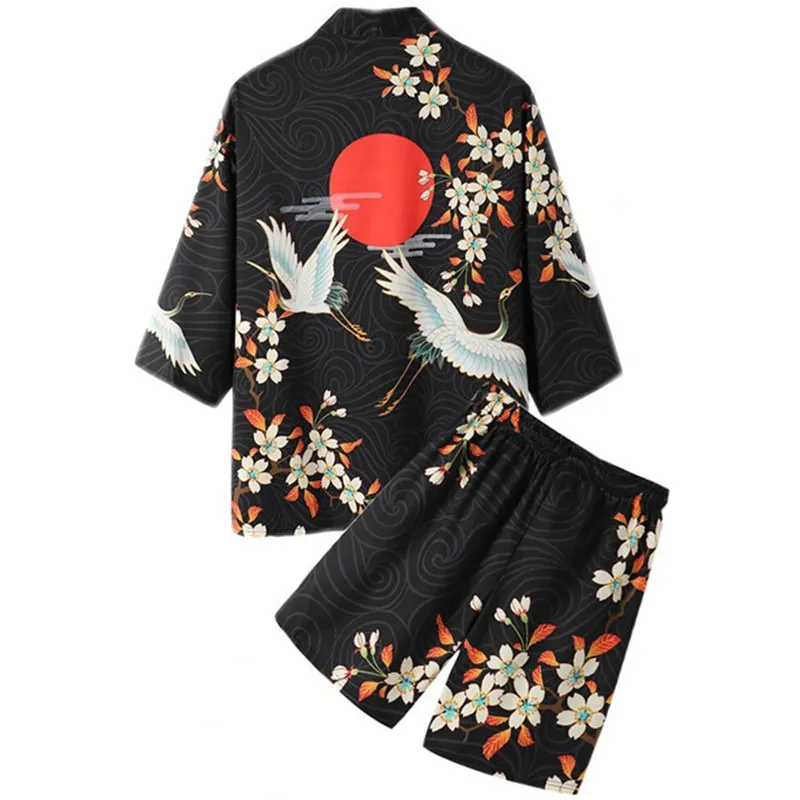 Two-piece Suit Demon Print Oversize Japanese Style Fashion Kimono And Shorts Set Men Cardigan Blouse Haori Obi Asian Clothes