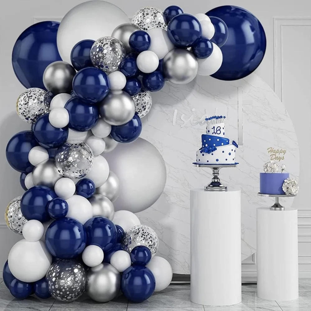 131PCS Ink Blue Silver White Balloon Arch Set 10 