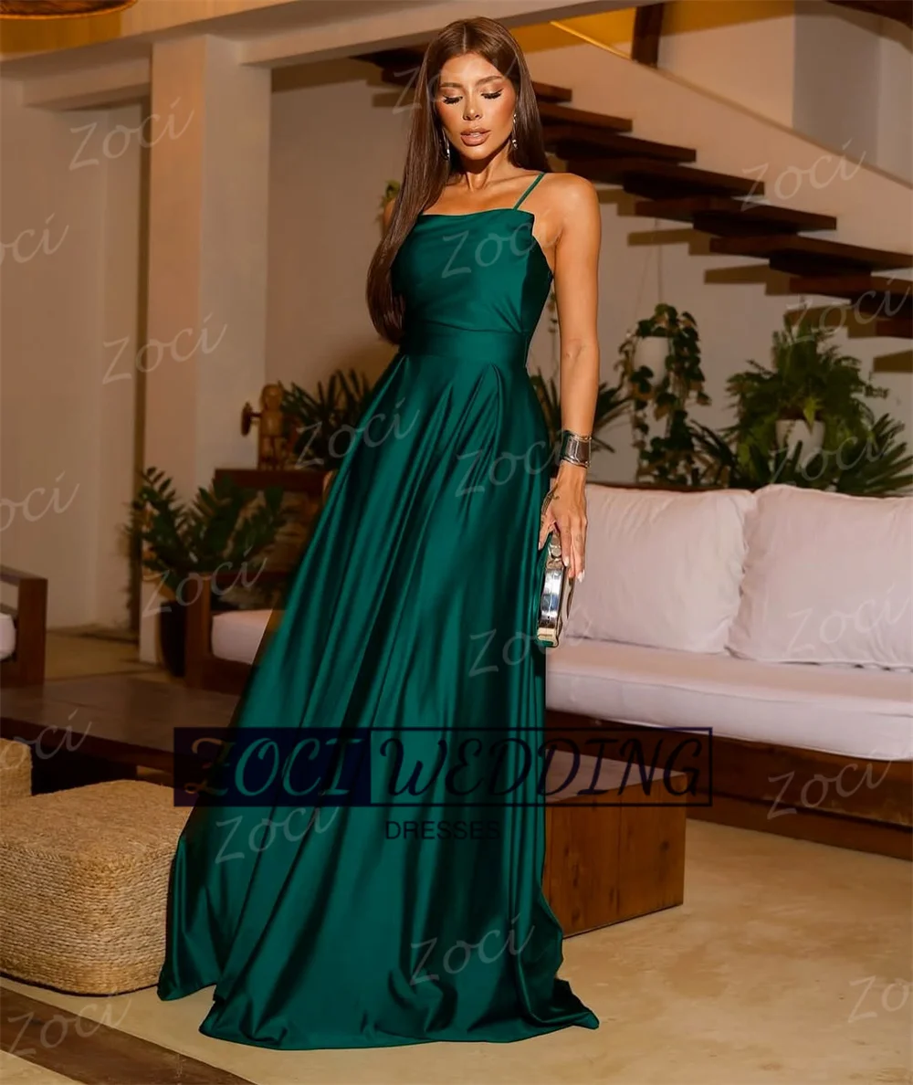 Zoci Emerald Green A Line Prom Dresses Spaghetti Straps Satin Floor Evening Gown Aline Special Formal Party Dress Customized