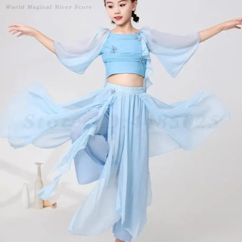 Kids Girls Classical Dance Costumes Chiffon Dancewear Fairy Daily Practice Dance Dress Chinese Style Hanfu Folk Yangko Clothes