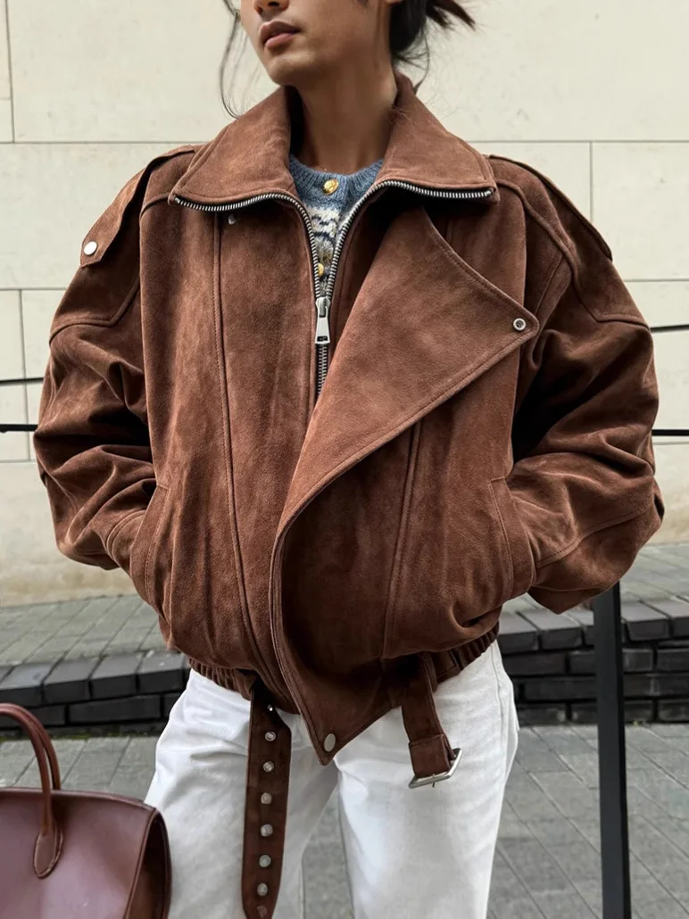 

Chic Brown Faux Suede Cropped Casual Coat Vintage Lapel Solid Zipper Short Jacket Autumn Woman New Padded Shoulder Jackets