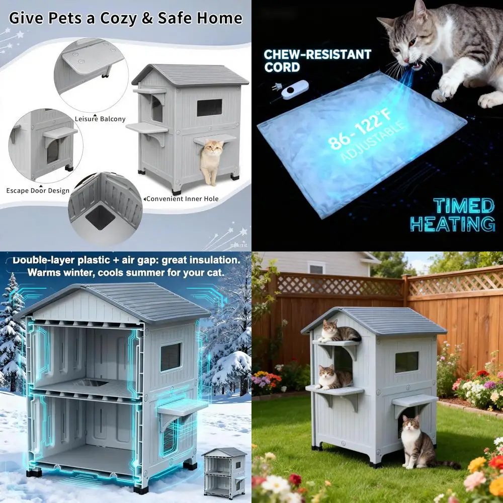 

2-Story Insulated Plastic Outdoor Cat Shelter with Escape Door, Grey, 34x21x21.5