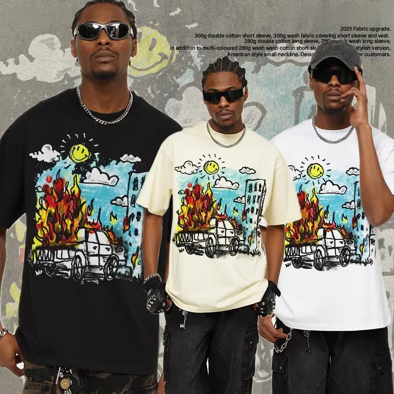 2026 Doodle Street Art Graphic T-shirt Men Hand Drawn Sun Cloud Short Sleeve Tee