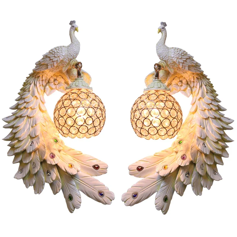 Modern Twins Peacock LED  Wall Lamp Creative Colorful Gold White Wall Light Crystal Metal For Corridor wall decor