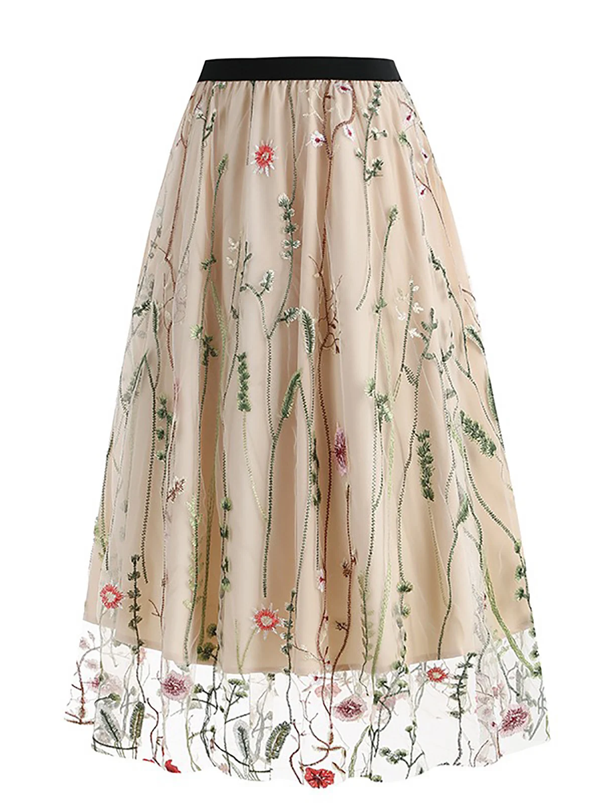 Embroidered seaweed elastic belt mesh skirt, leisure a-shaped skirt, suitable for spring and summer