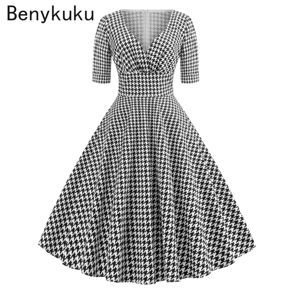 Houndstooth Women Vintage Plaid Dress 2026 Summer Sexy V Neck Half Sleeve Robe Retro Casual Party Rockabilly 50s 60s Swing Dress