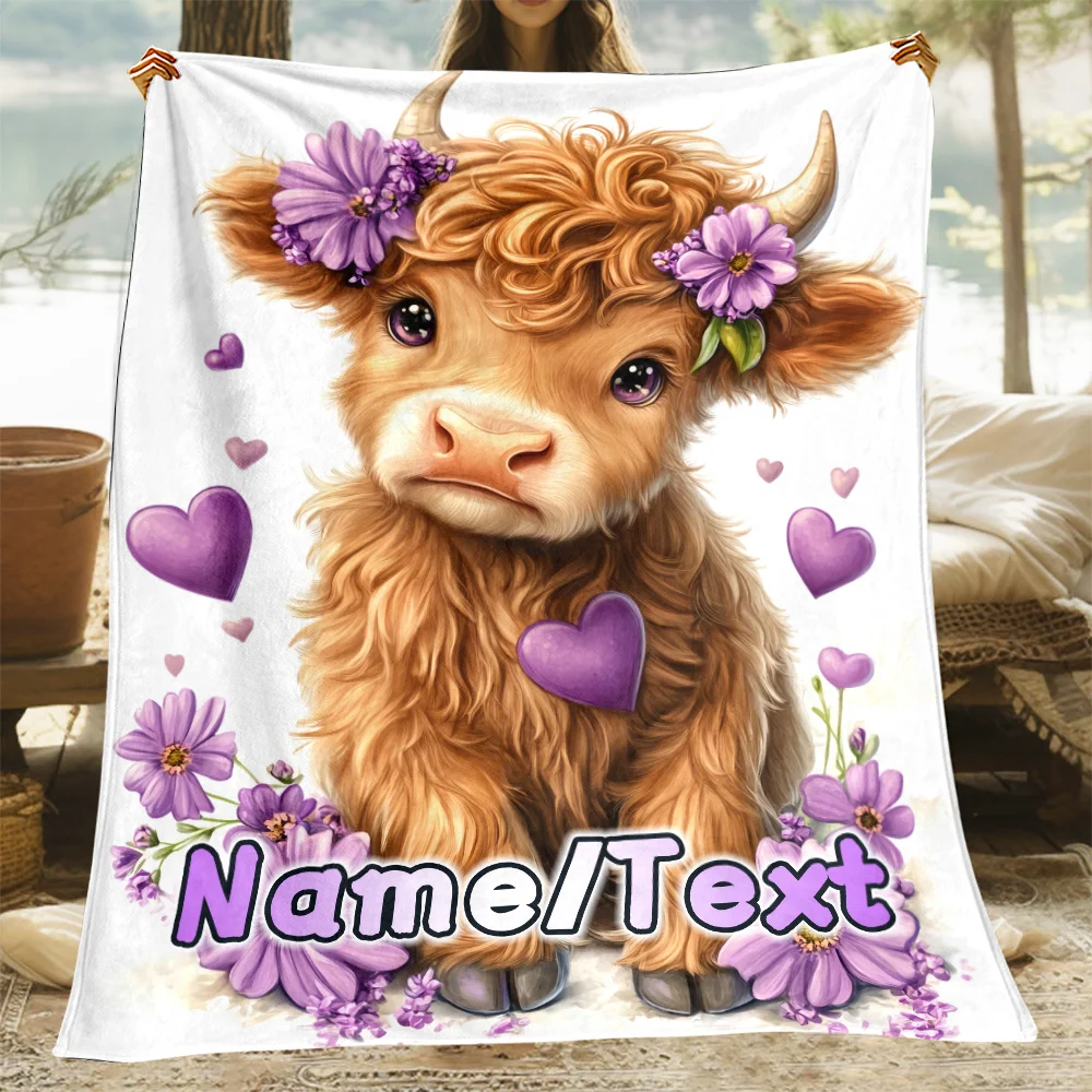 Фланелевое одеяло с индивидуальным именем Highland Cow Design, всесезонное, легкое, идеально подходит для дивана, спальни, офиса, путешествий