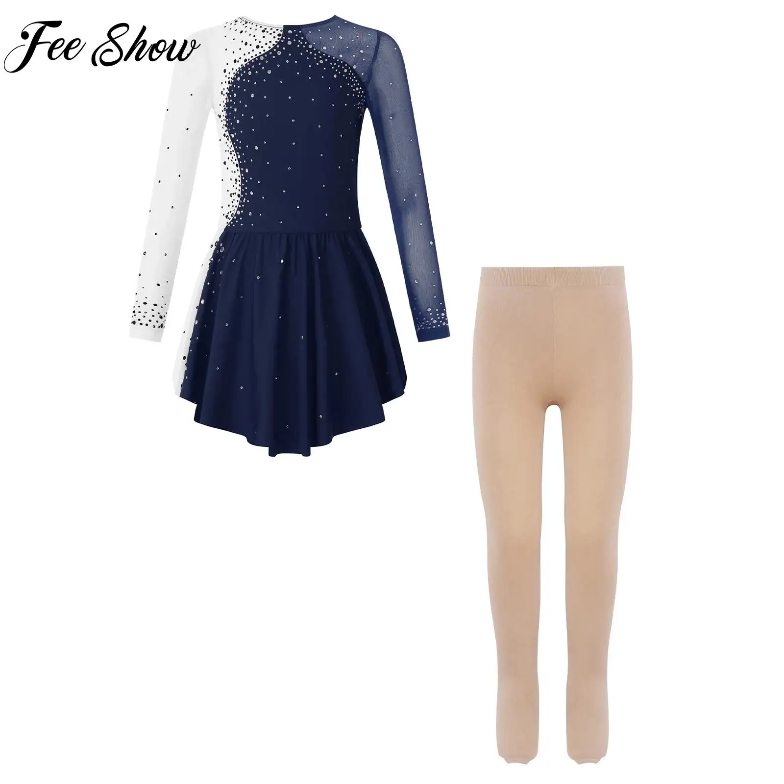 

Girls 2-piece Shiny Rhinestone Figure Ice Skating Outfit Long Sleeve Dance Dress+Tights Set for Gymnastics Ballet Performance