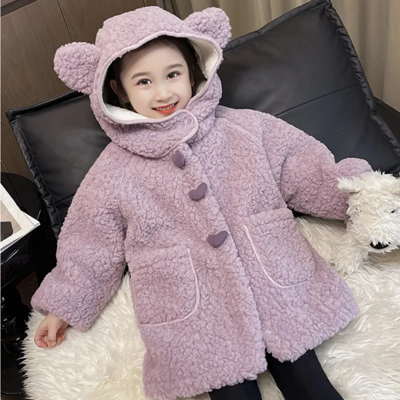 Cappotto per ragazze autunno inverno velluto di agnello giacca con cappuccio in lana per bambini bambino bambini addensato tinta unita lungo capispalla bambino da 2 a 8 anni