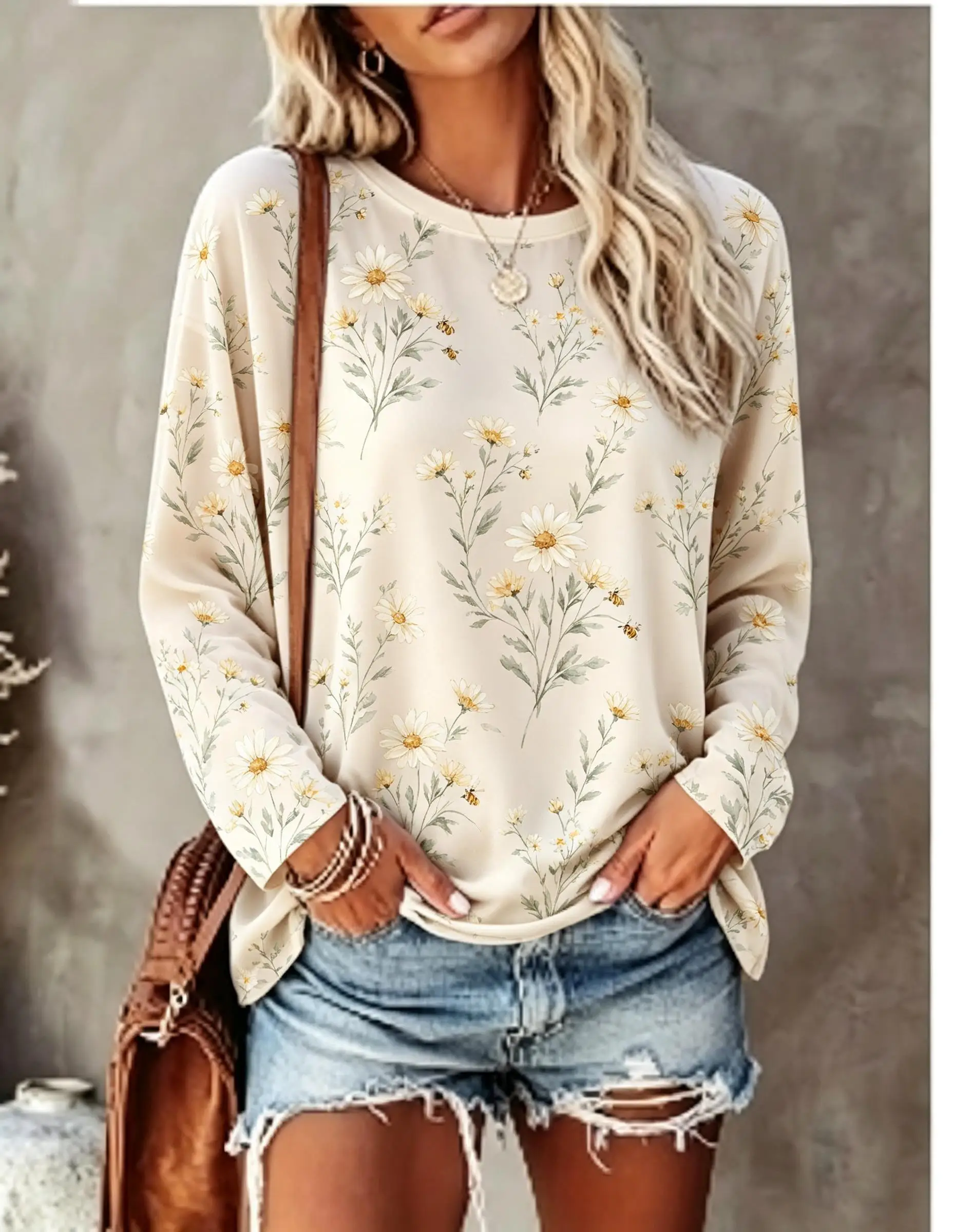 Women Long Sleeve T Shirt Vintage Daisy Floral Botanical Print Crew Neck Casual Fall Tops